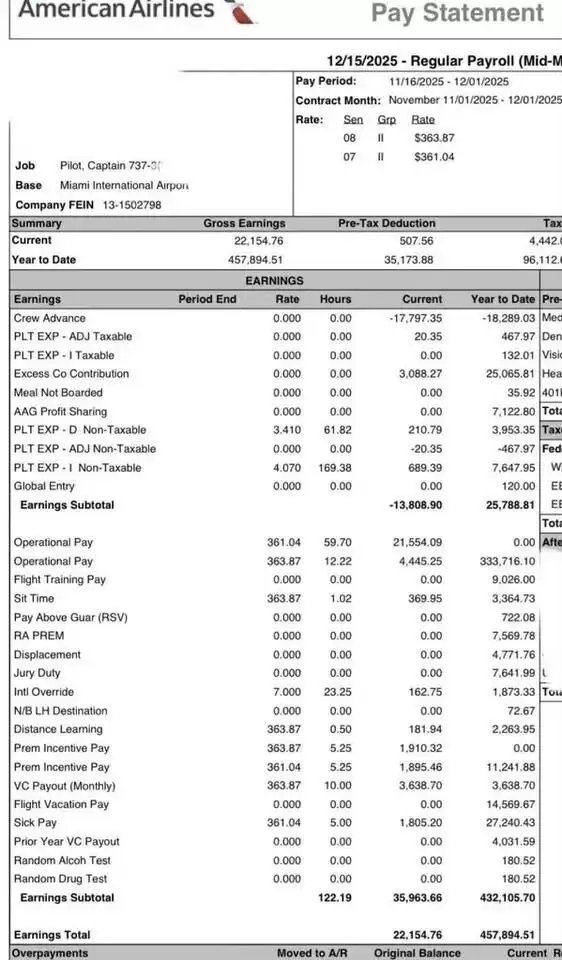 时薪361美元 一年约赚321万人民币！美飞行员晒工资单引羡慕