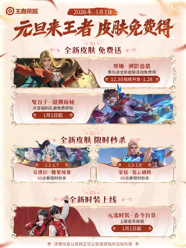 《王者荣耀》一口气推4款皮肤：2款免费送、2款6元秒杀