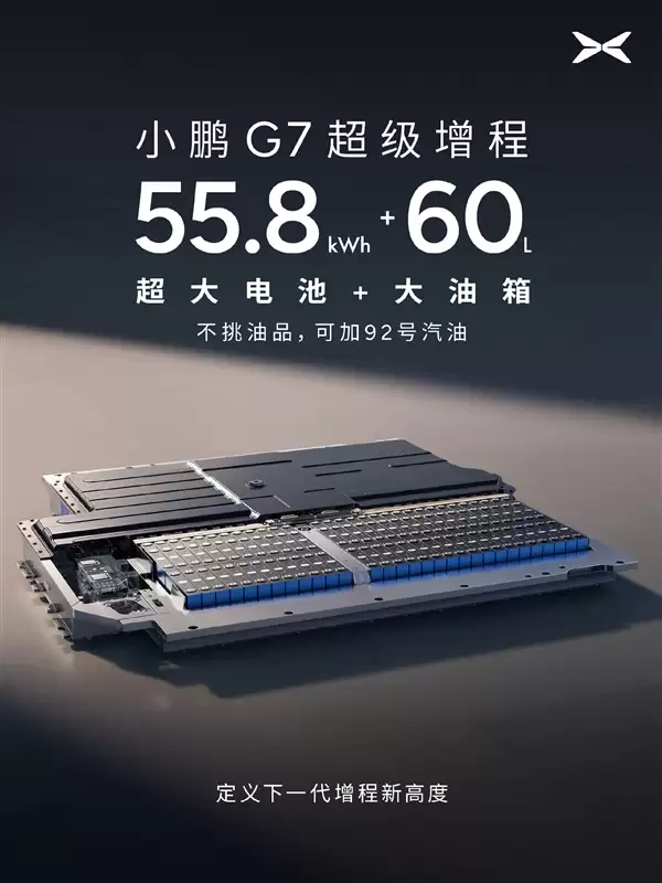 55.8kWh大电池+60L大油箱!小鹏G7超级增程官宣
