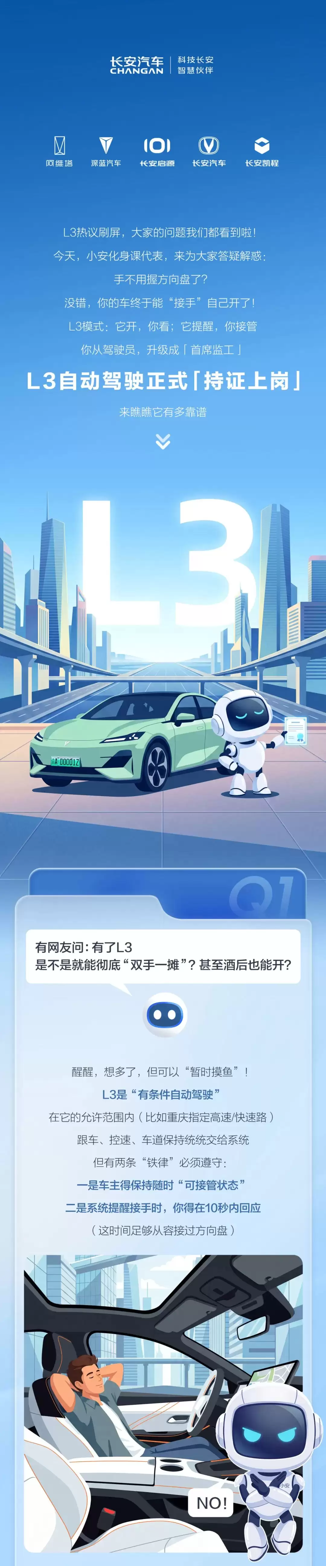 长安汽车谈 L3 级自动驾驶:车主须保持随时可接管状态,系统提醒后须在 10 秒内响应