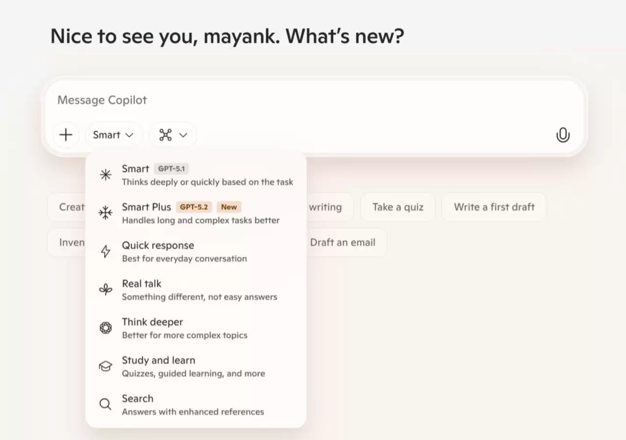 微软 Copilot AI 应用免费上线 GPT 5.2,“专家级”处理复杂办公任务