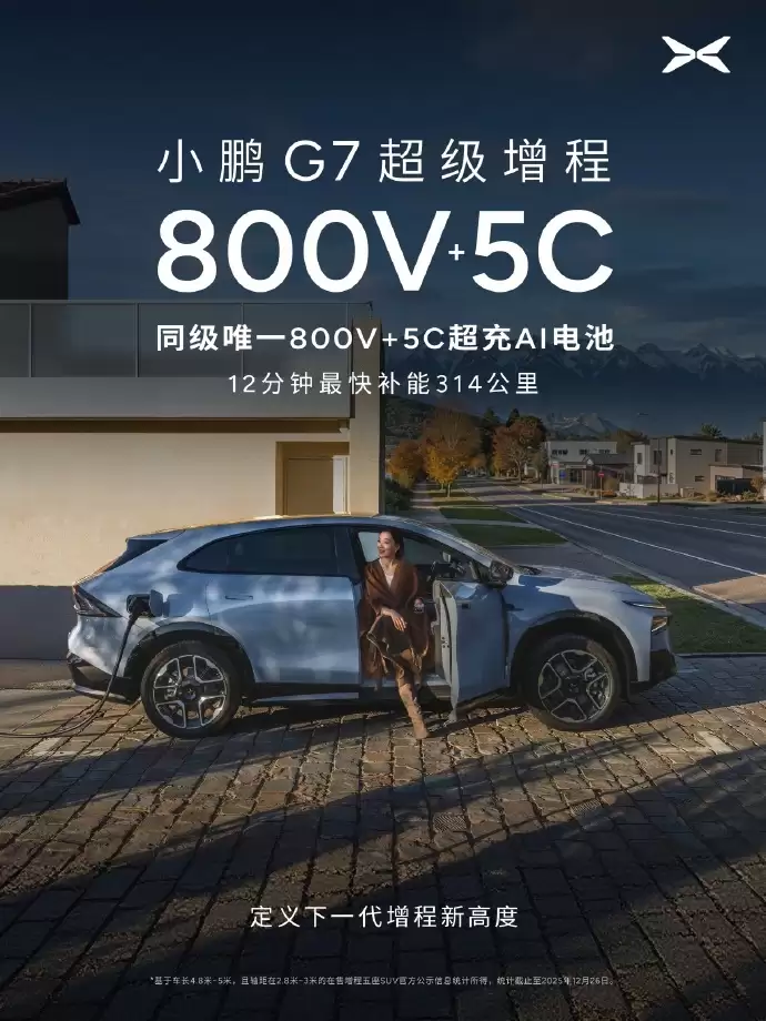 小鹏G7超级增程来了:5C超充AI电池,纯电续航430公里