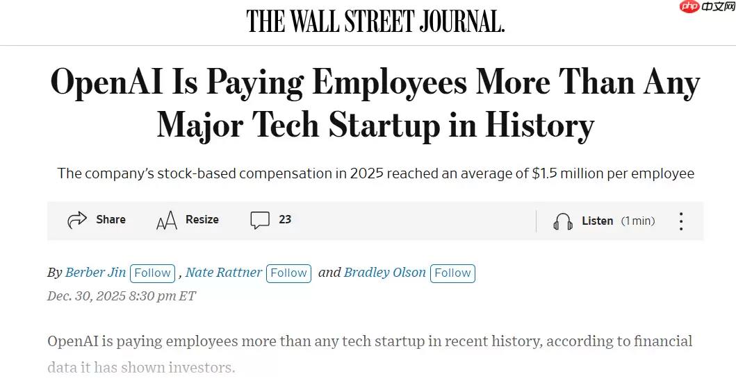 OpenAI 人均股票薪酬达 150 万美元