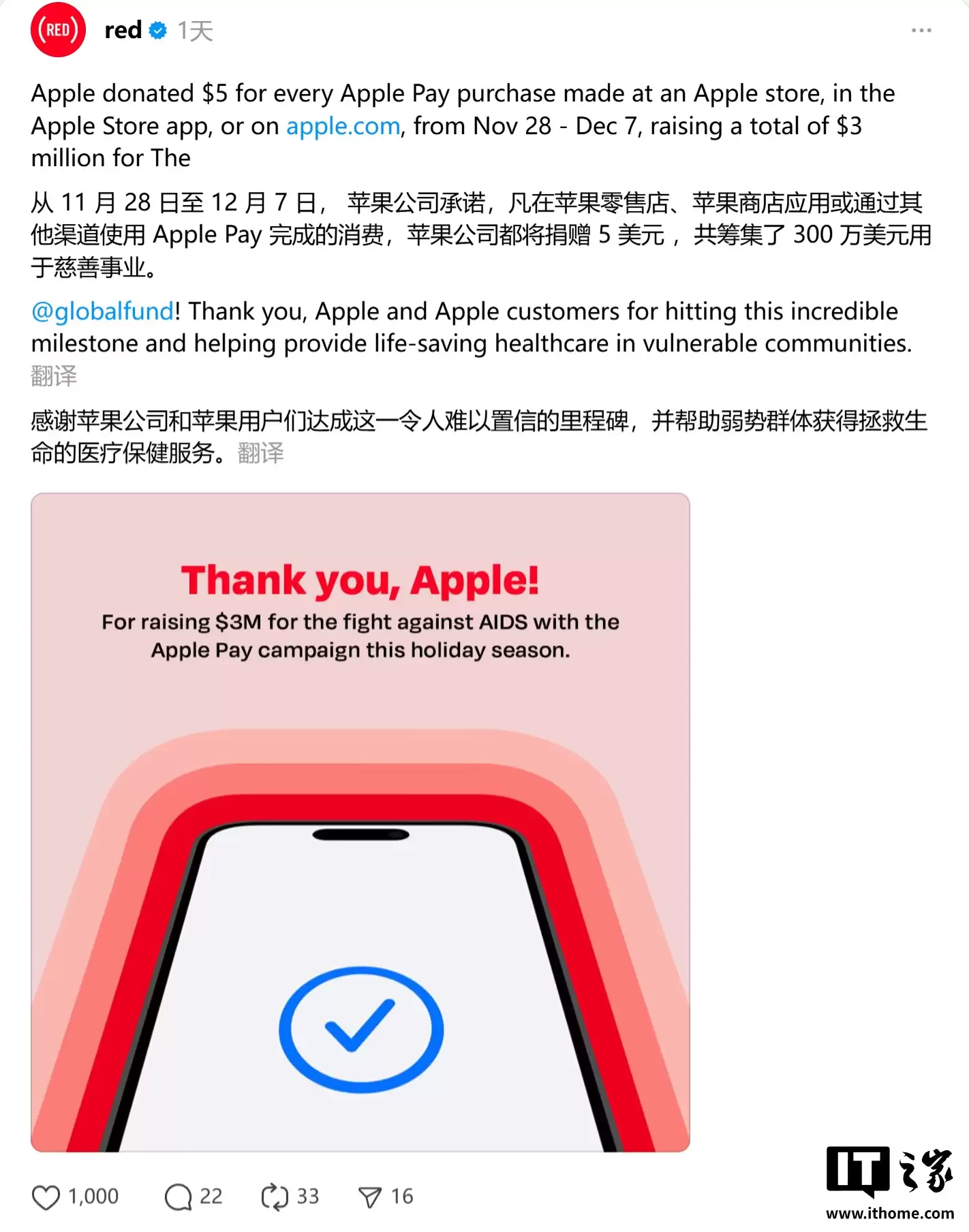 每笔消费捐 5 美元，iPhone 17 等用户助力苹果公司筹集 300 万美元 2025 年度善款