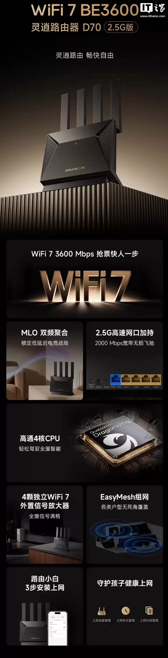 追觅首款路由器“灵逍 D70”上架:Wi-Fi 7、单2.5G 网口、512MB RAM,299 元