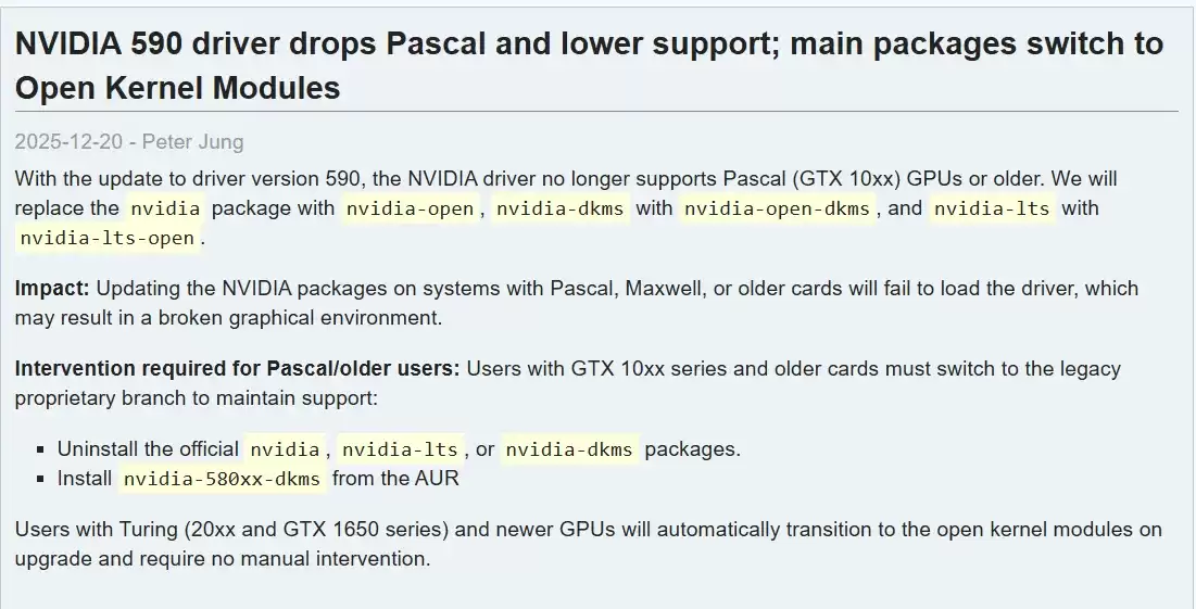 Arch Linux 系统停止支持英伟达 GTX 10 系列显卡,用户需手动安装旧版驱动