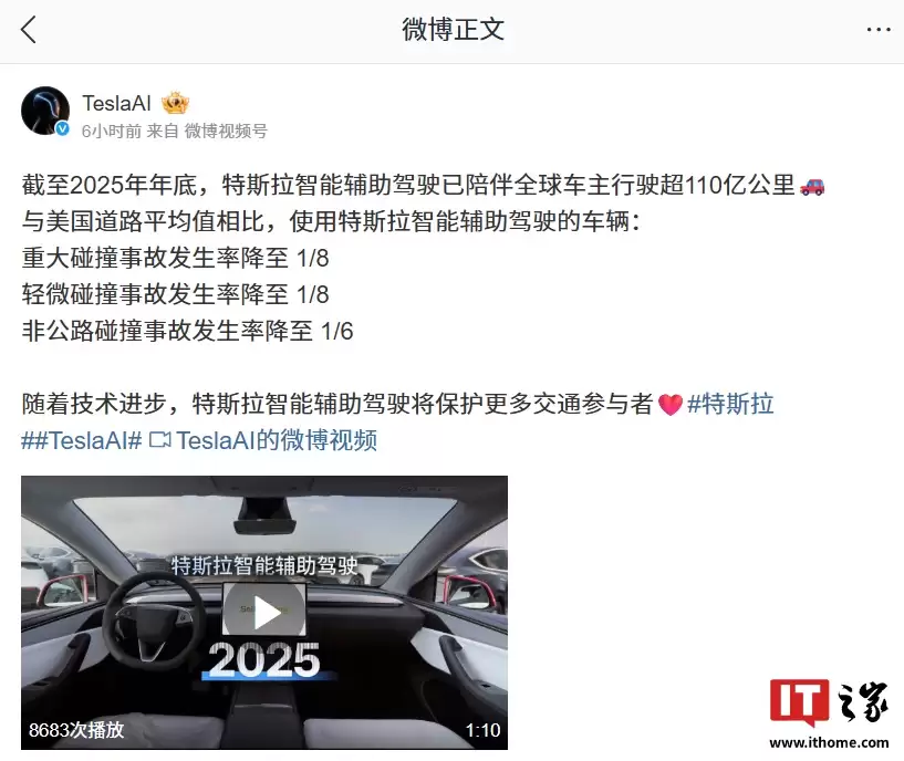 特斯拉智能辅助驾驶行驶里程截至今年底超 110 亿公里,重大碰撞事故发生率降至 1/8