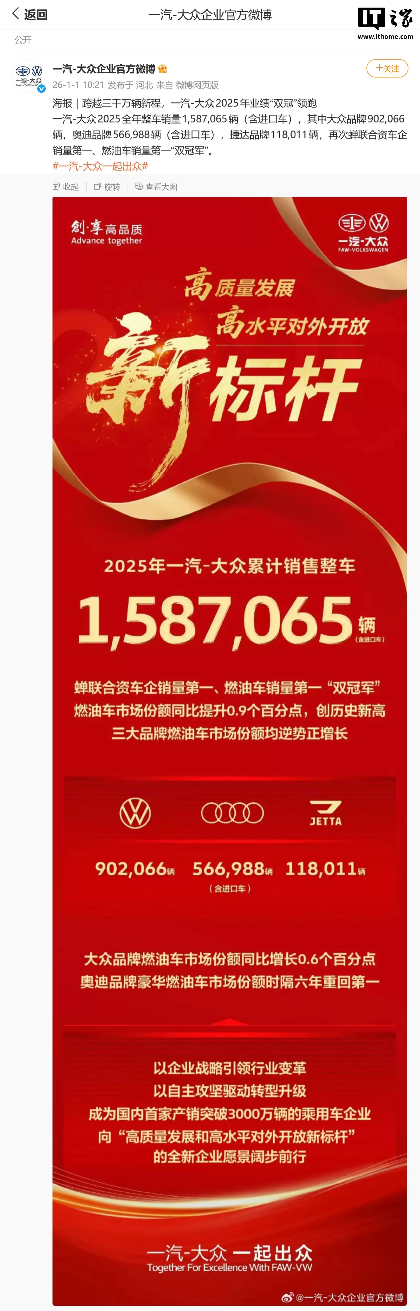 一汽-大众 2025 全年整车销量 158.7 万辆，业绩“双冠”领跑