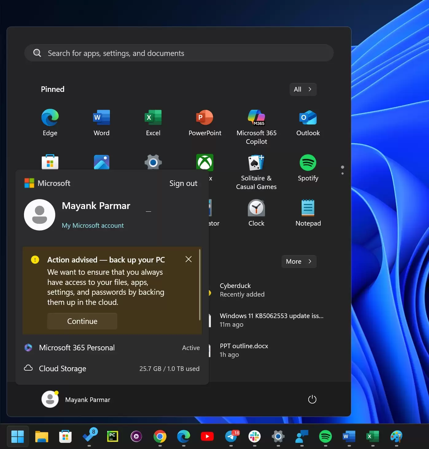 微软升级营销攻势：Win11 开始菜单出现醒目黄色“备份警告”