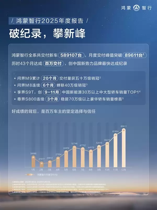 鸿蒙智行2025年交付58.9万辆 问界M9连续20个月第一