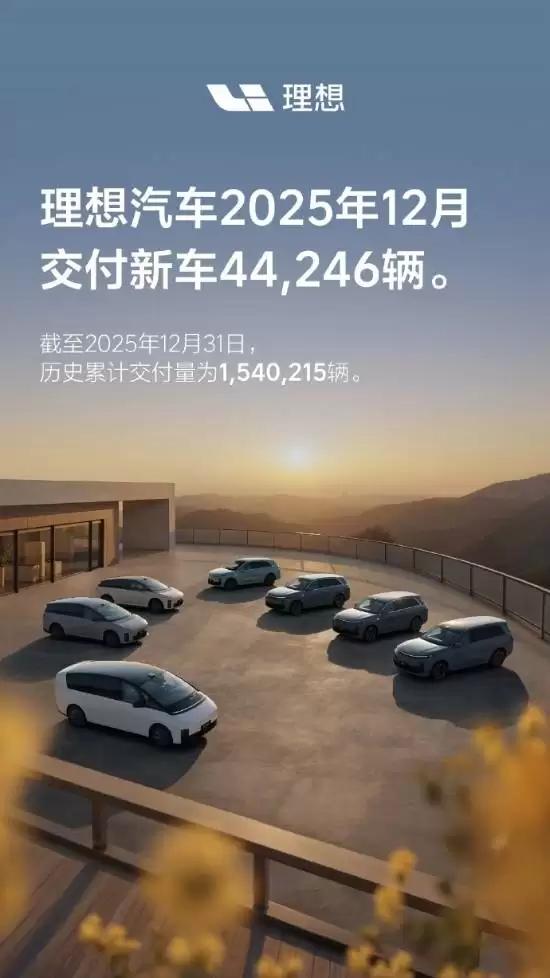 理想汽车2025年12月交付44246辆，累计突破154万辆