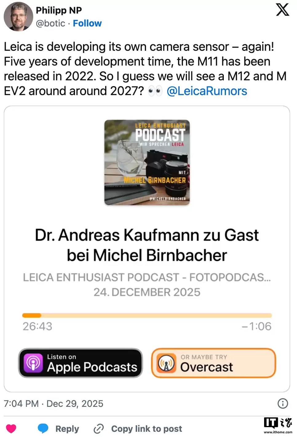 徕卡透露正自主研发全画幅 CMOS 传感器，有望 2027 年随 M12 相机首发登场