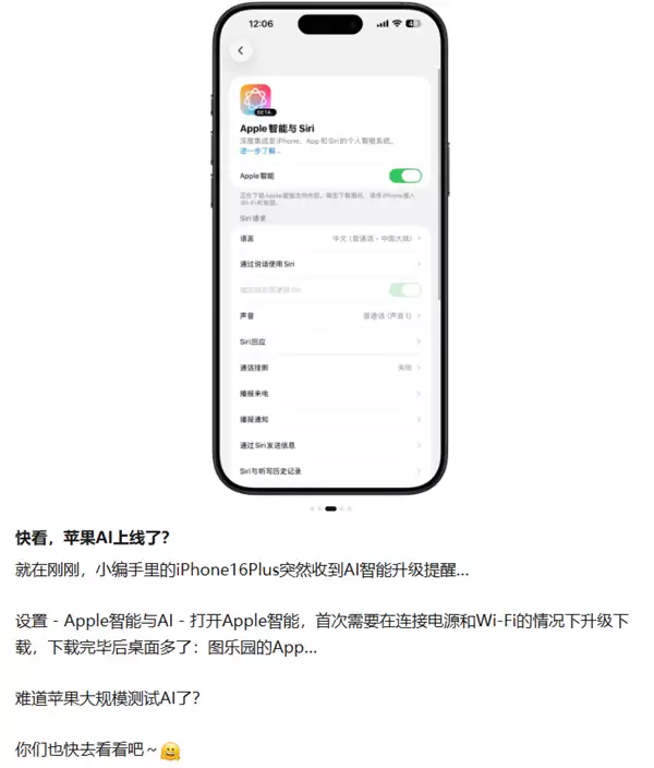 苹果回应国行版AI灰测：未正式上线 强行开启影响账号安全
