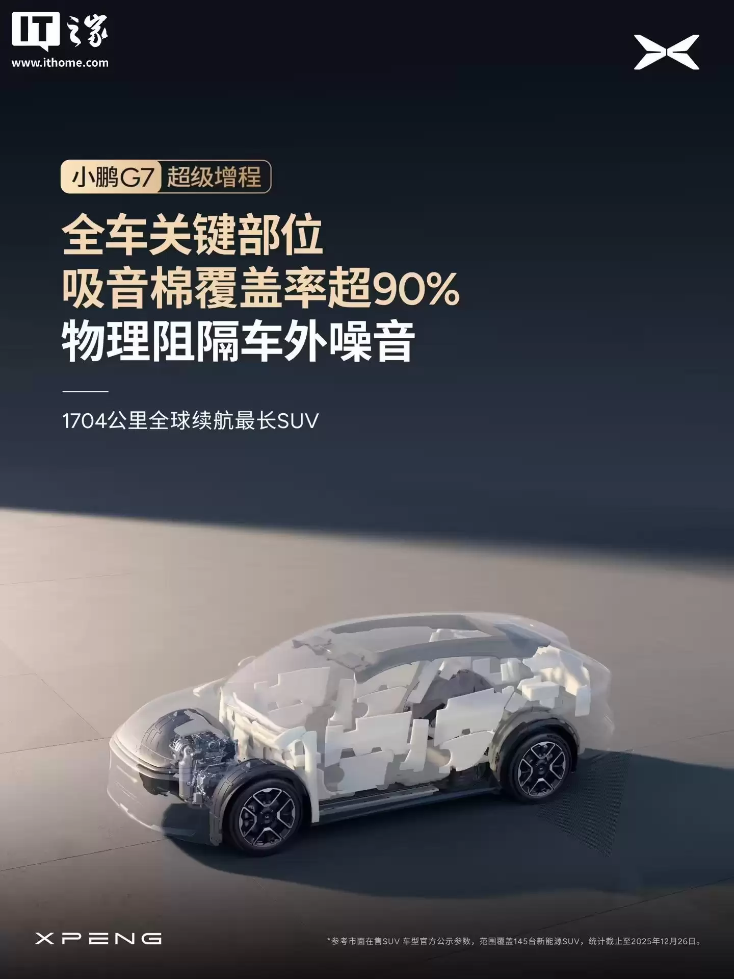 小鹏G7超级增程SUV全系标配主动降噪技术ENC+RNC，增程器AI控制振动最高降低50%