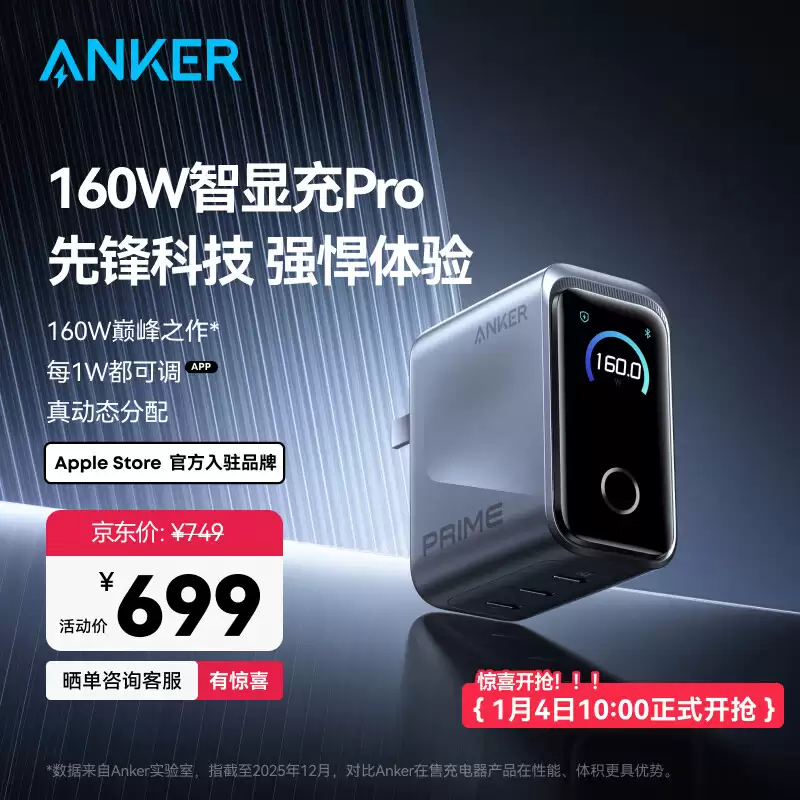 安克 160W 智显充 Pro 充电器 Prime 首销：3 个 USB-C 接口、支持 App 智联，699 元