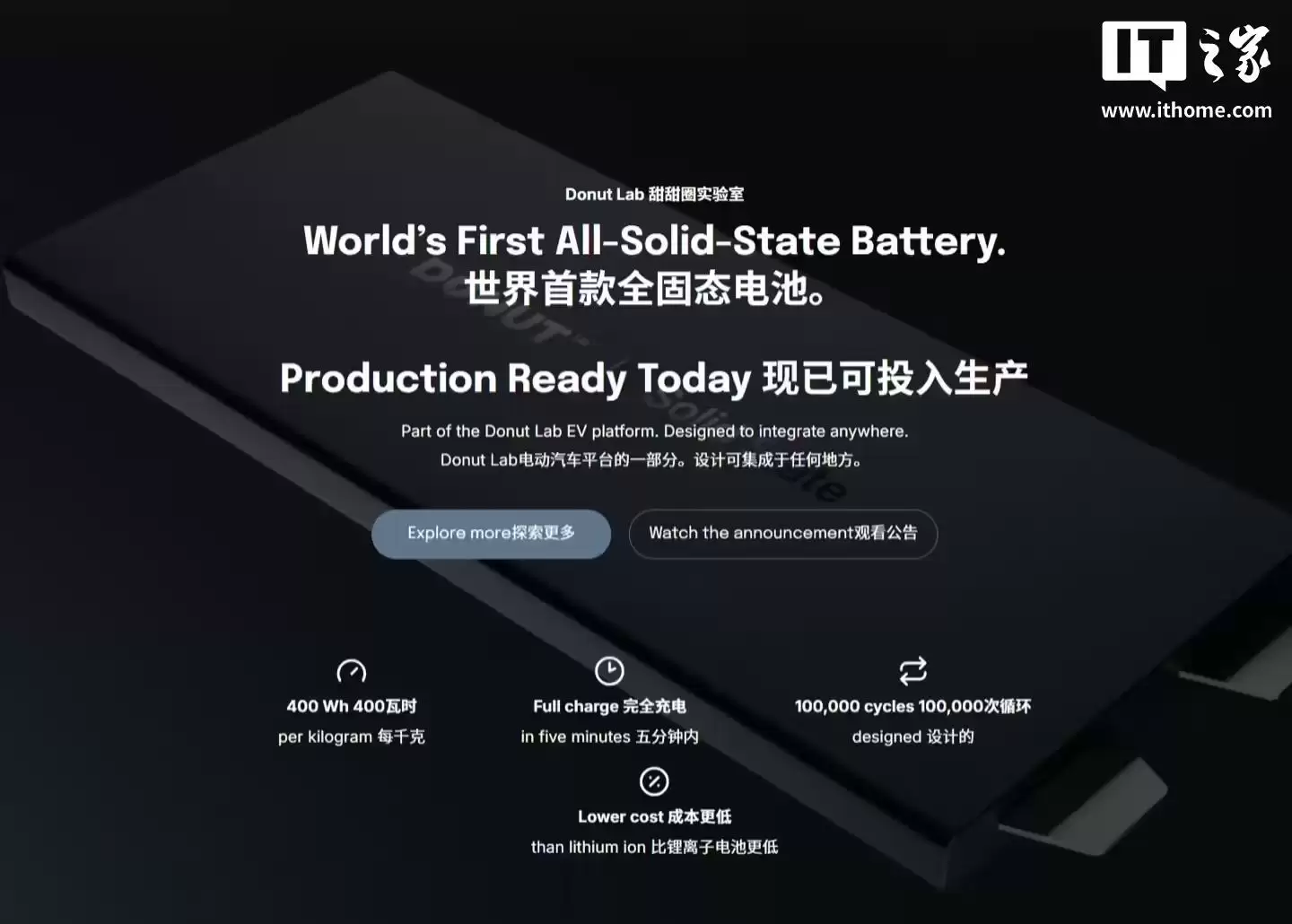 号称全球首款可量产的全固态电池问世：能量密度400Wh/kg，5分钟充满电