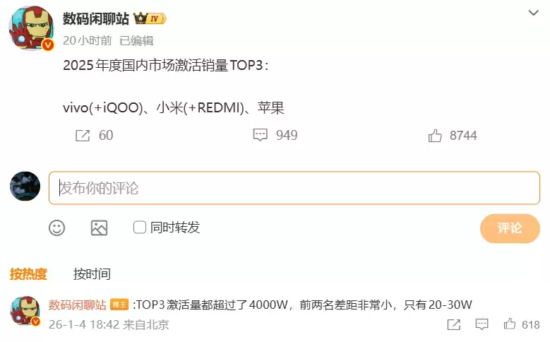 vivo、小米、苹果拿下 2025 年国内市场销量 TOP3，激活量超 4000 万