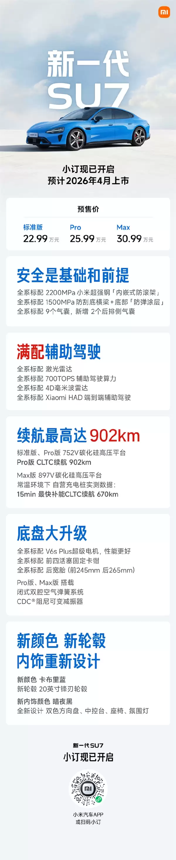 预售22.99万元起！新一代小米SU7配置正式公布：内饰大升级、最长续航902km