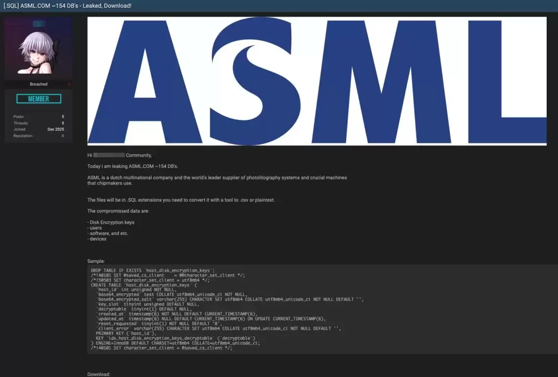 阿斯麦 ASML 公司疑似遭遇重大数据泄露，154 个数据库被公开