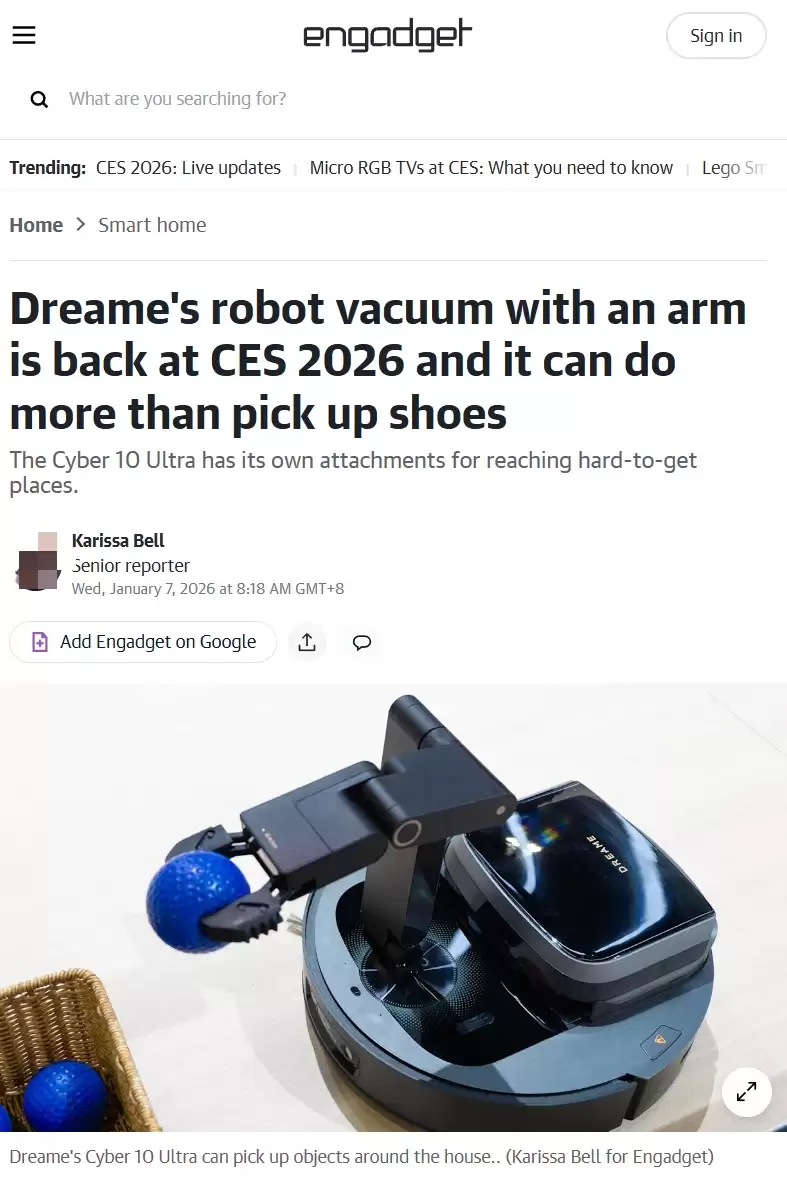 追觅 CES 2026 展示带腿、能爬楼梯的扫地机器人概念机，机械臂版本有望今年发售