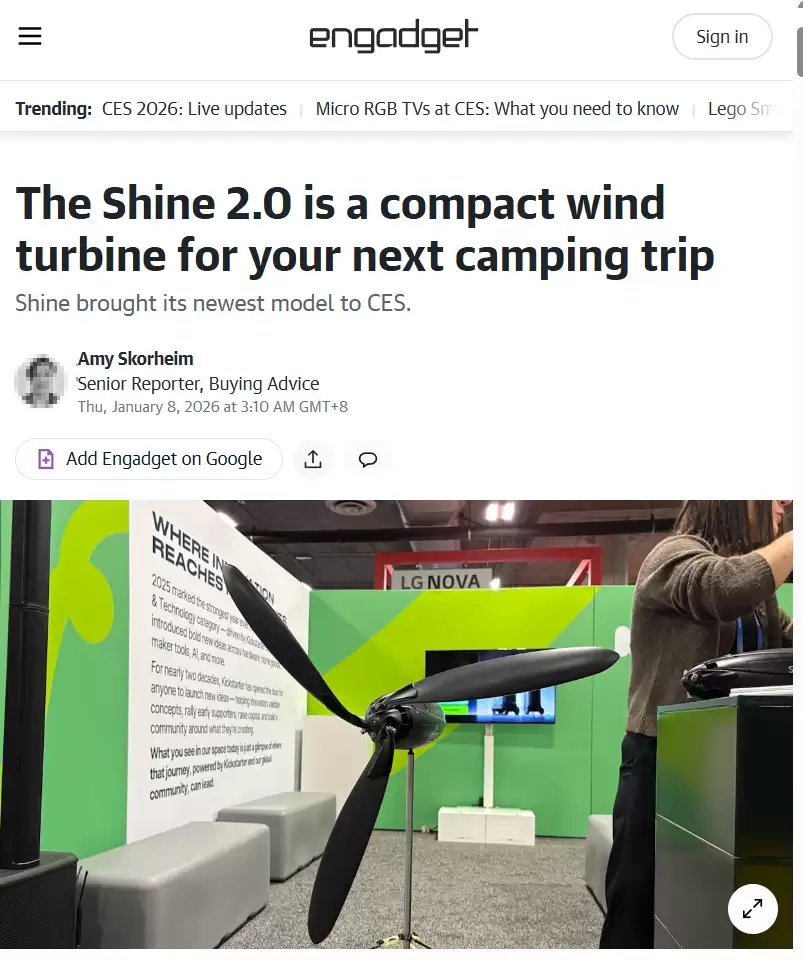 能带着走的“风电场”，便携式风力涡轮机 Shine 2.0 亮相 CES 2026