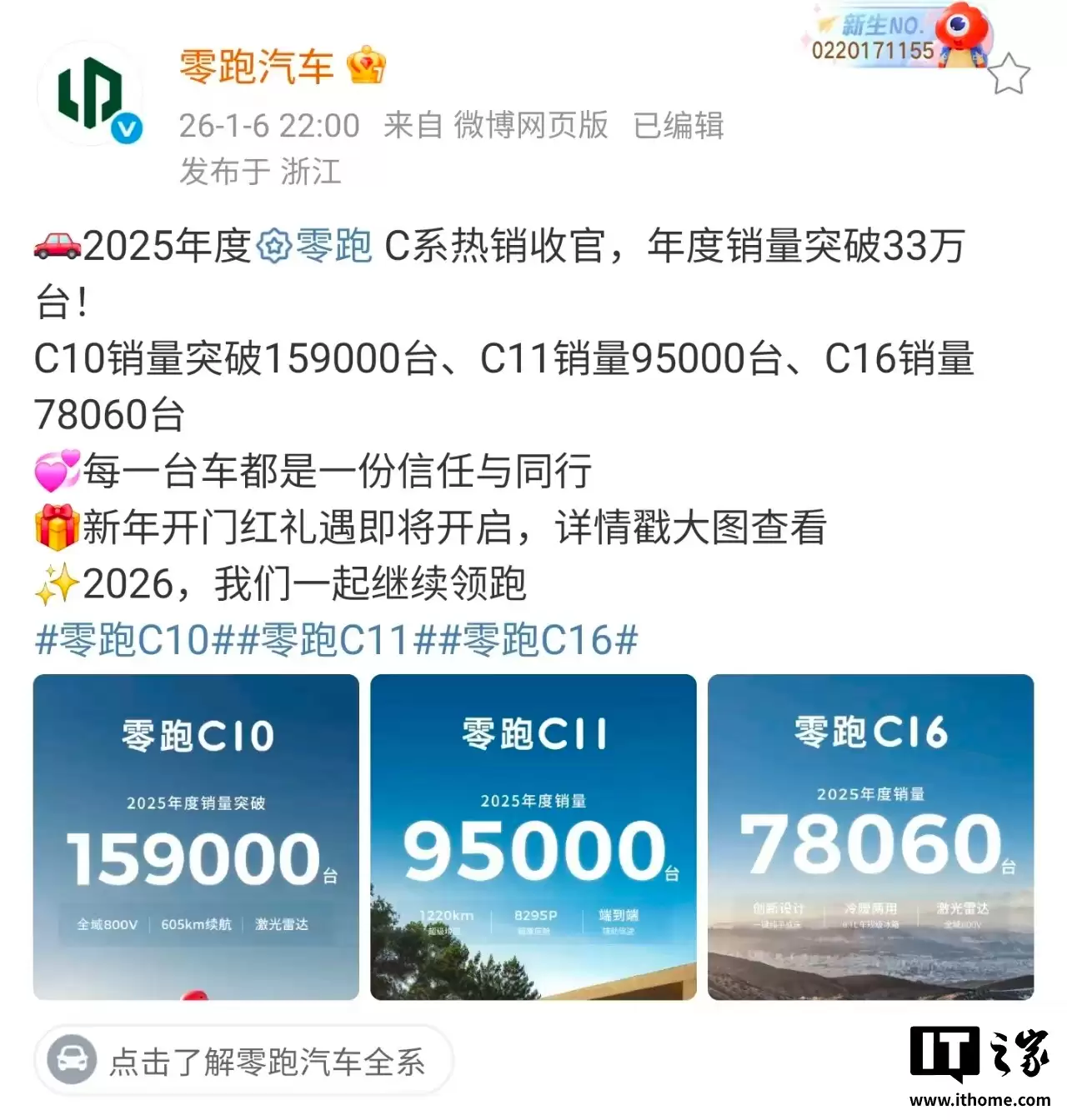零跑 C 系列 2025 年度销量突破 33 万台,C10 卖出 15.9 万台