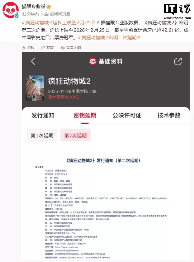 中国影史进口片票房冠军，《疯狂动物城2》延长上映至2月25日