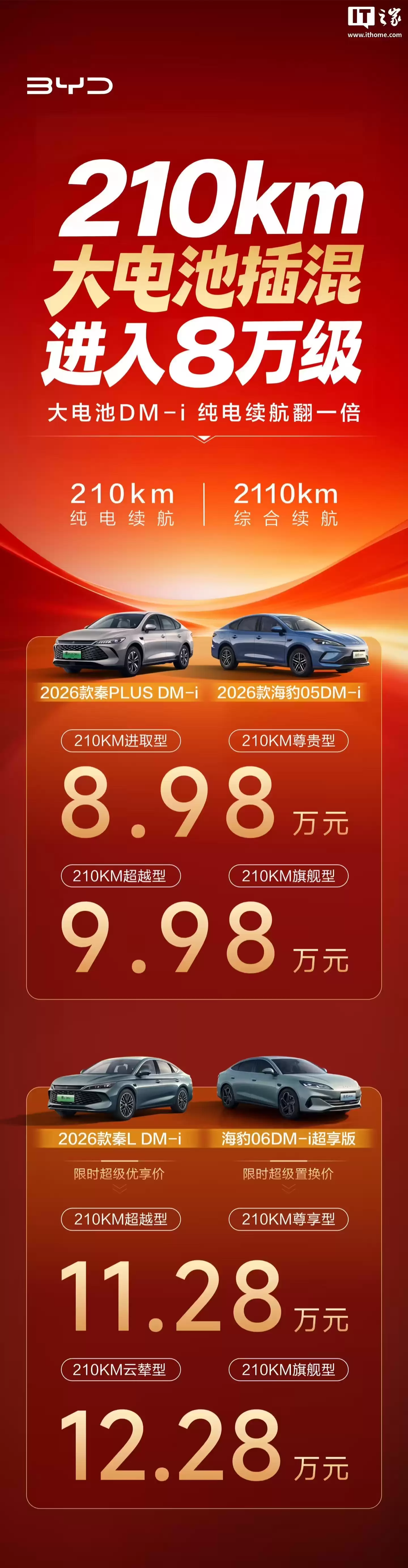 比亚迪2026款海豹05 DM-i&海豹06 DM-i超享版加推210km版本，8.98万元起