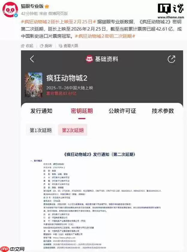 中国影史进口片票房冠军，《疯狂动物城 2》延长上映至 2 月 25 日