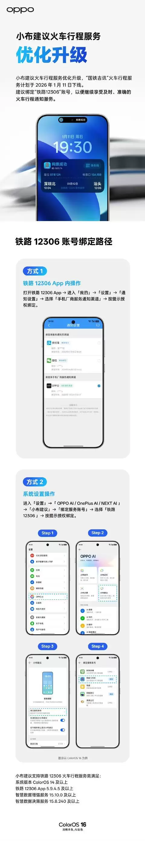 OPPO ColorOS：“国铁吉讯”火车行程服务1月11日下线