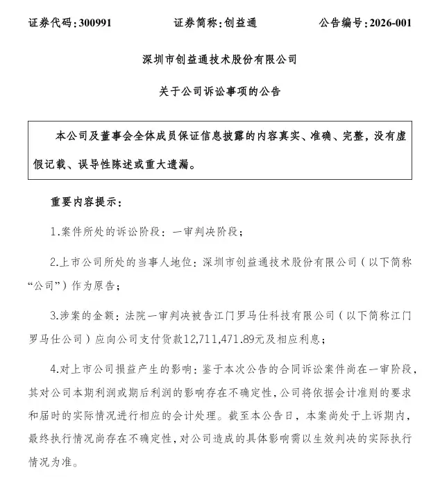 罗马仕遭供应商创益通起诉追讨货款,一审被判支付 1271 万元