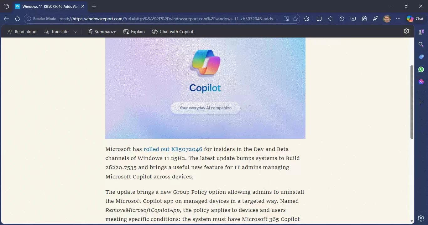 Canary 频道微软 Edge 浏览器改版沉浸式阅读器，工具栏被 AI 接管