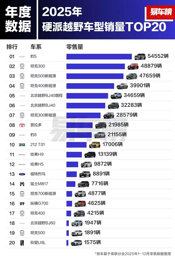 2025年硬派越野车销量榜：比亚迪方程豹豹5首超坦克300夺魁