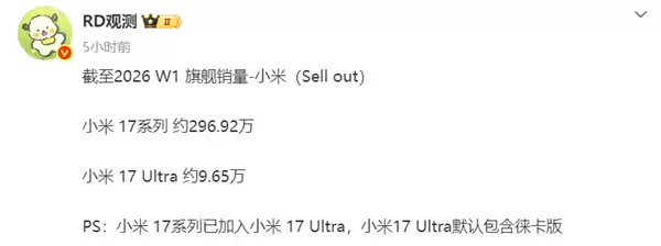 小米17系列首周销量近300万台,Ultra热销带动旗舰增长