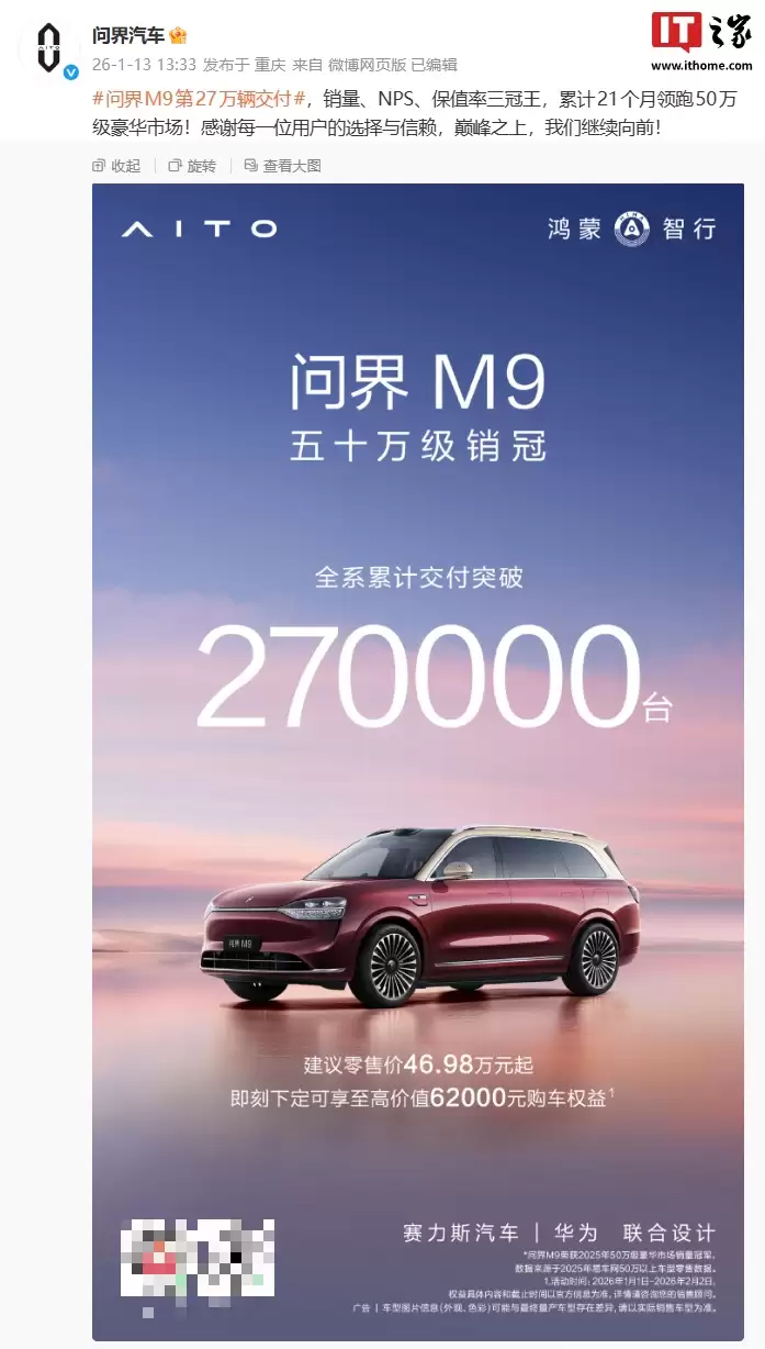 鸿蒙智行问界 M9 汽车全系累计交付破 27 万辆，宣称“销量、NPS、保值率三冠王”