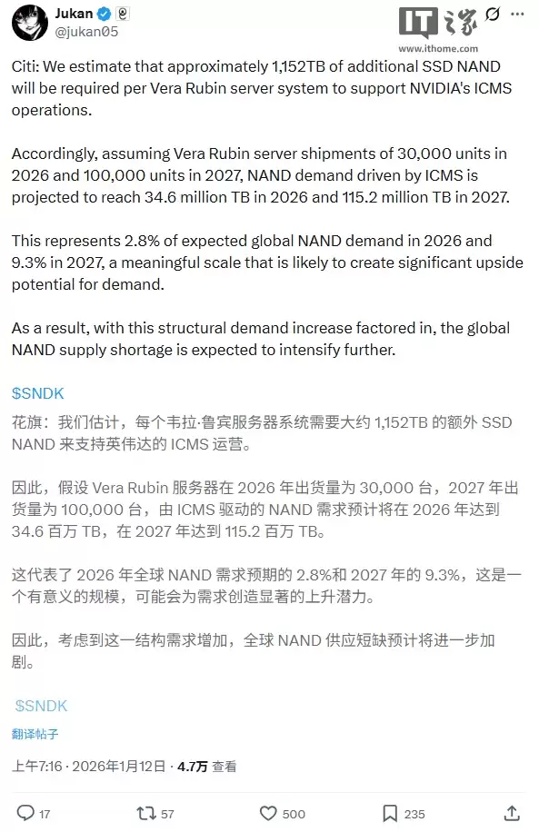 NAND 涨价警告：花旗预测英伟达 Vera Rubin AI 系统将推动 PB 级 SSD 需求