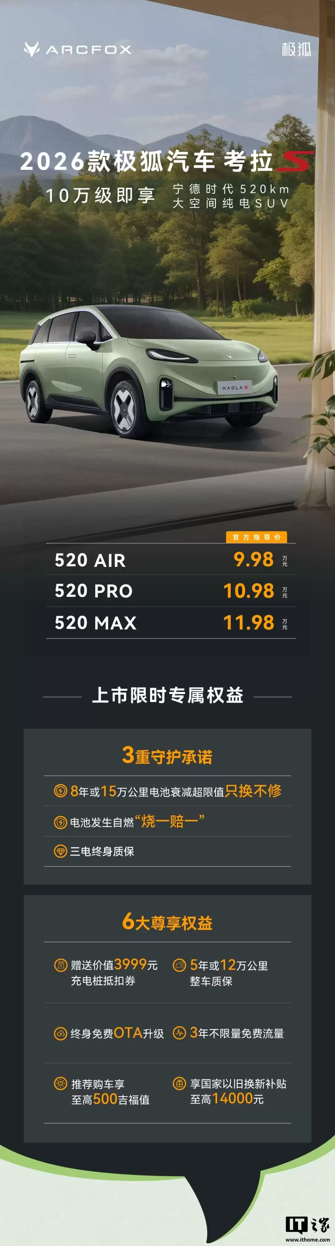 2026 款极狐考拉 S 纯电 SUV 上市：电动侧滑门、520km 宁德时代电池，9.98 万元起