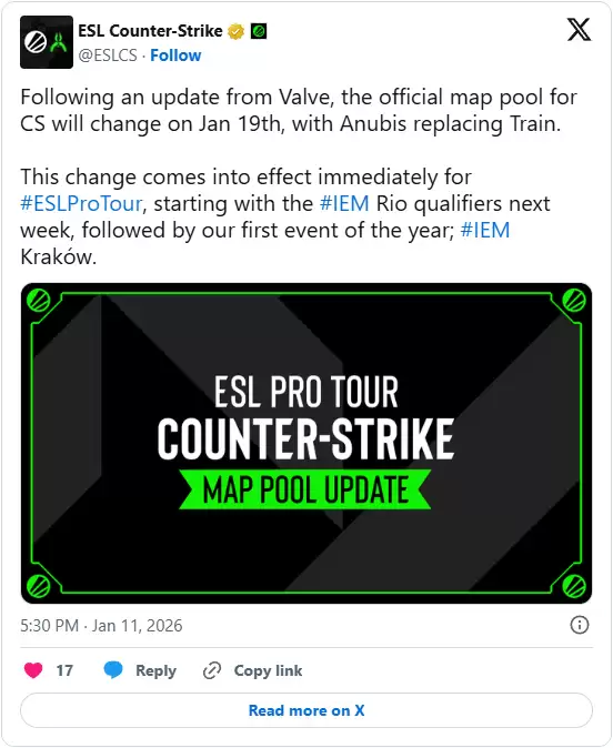 ESL官方比赛地图池调整：Anubis取代Train