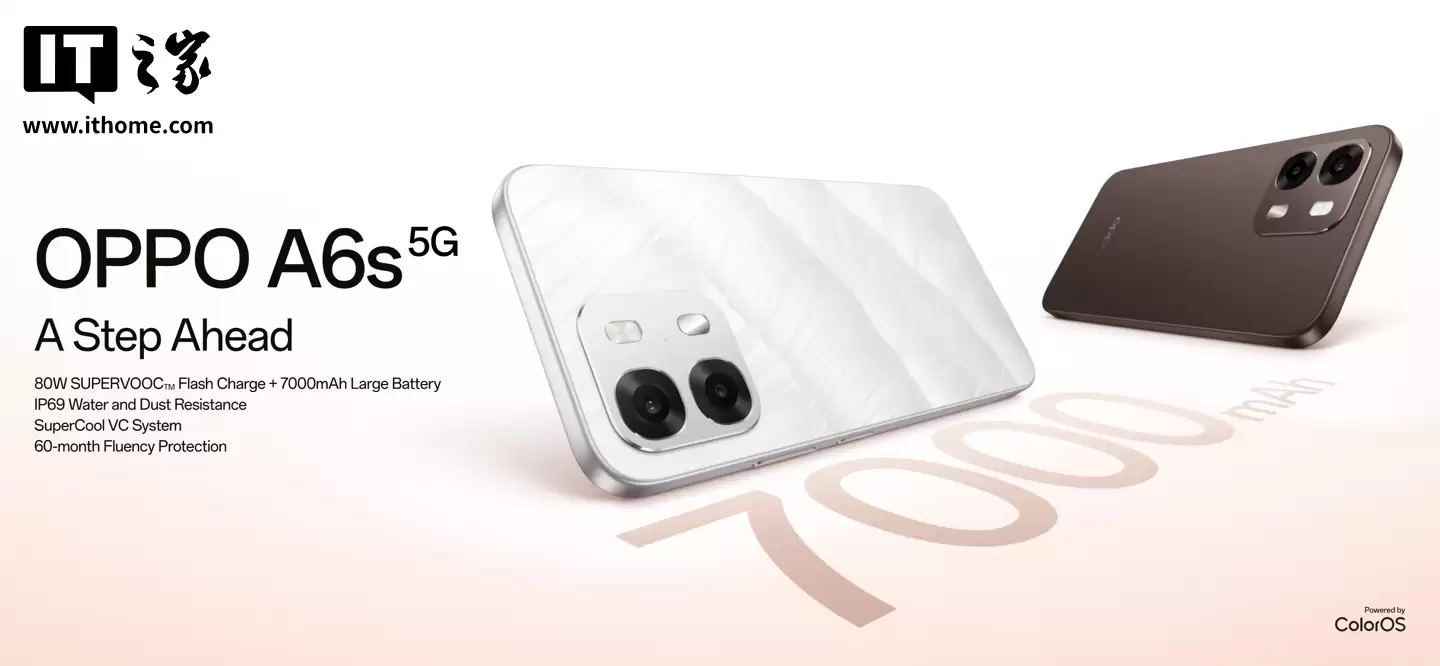 OPPO 海外推出 A6s 5G 手机：6.75 英寸 720P LCD 屏幕，天玑 6300 芯片