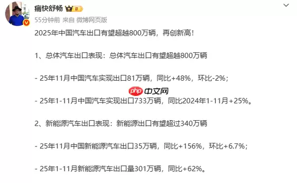2025年中国汽车出口有望超越800万辆 新能源超300万