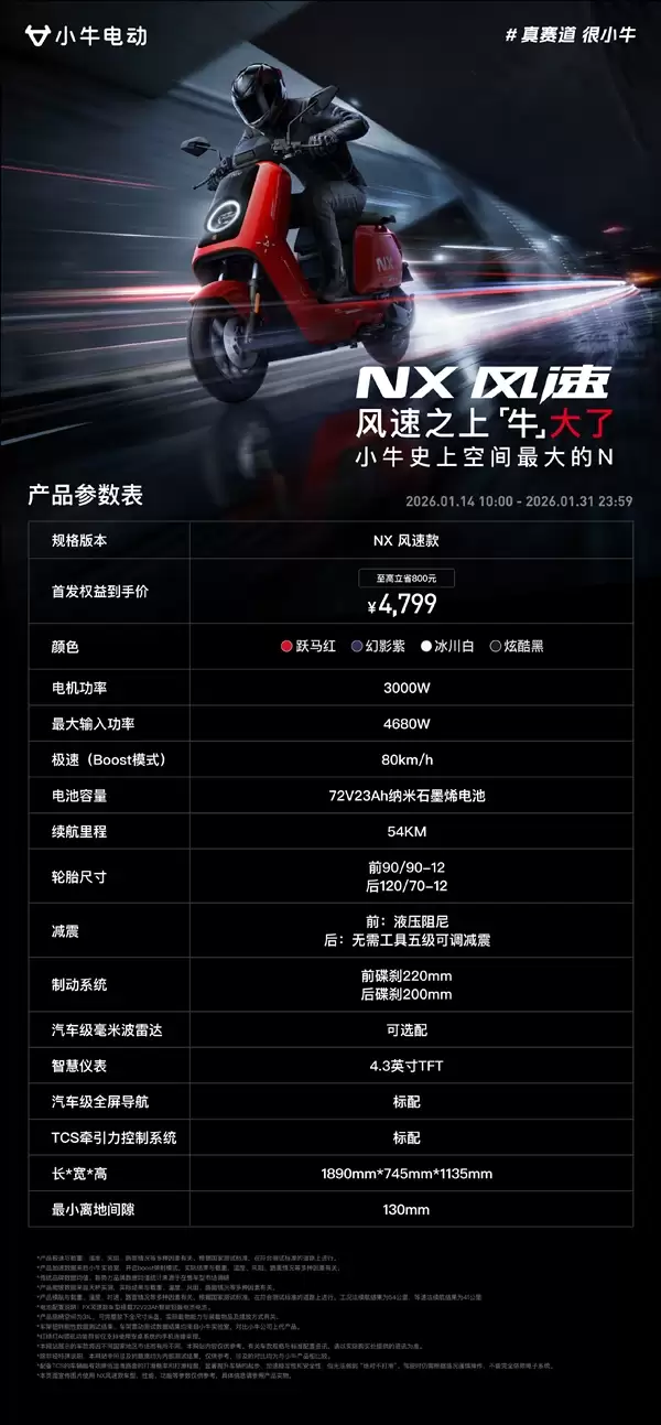 4799元起 小牛NX风速正式上市:3000W电机极速80km/h