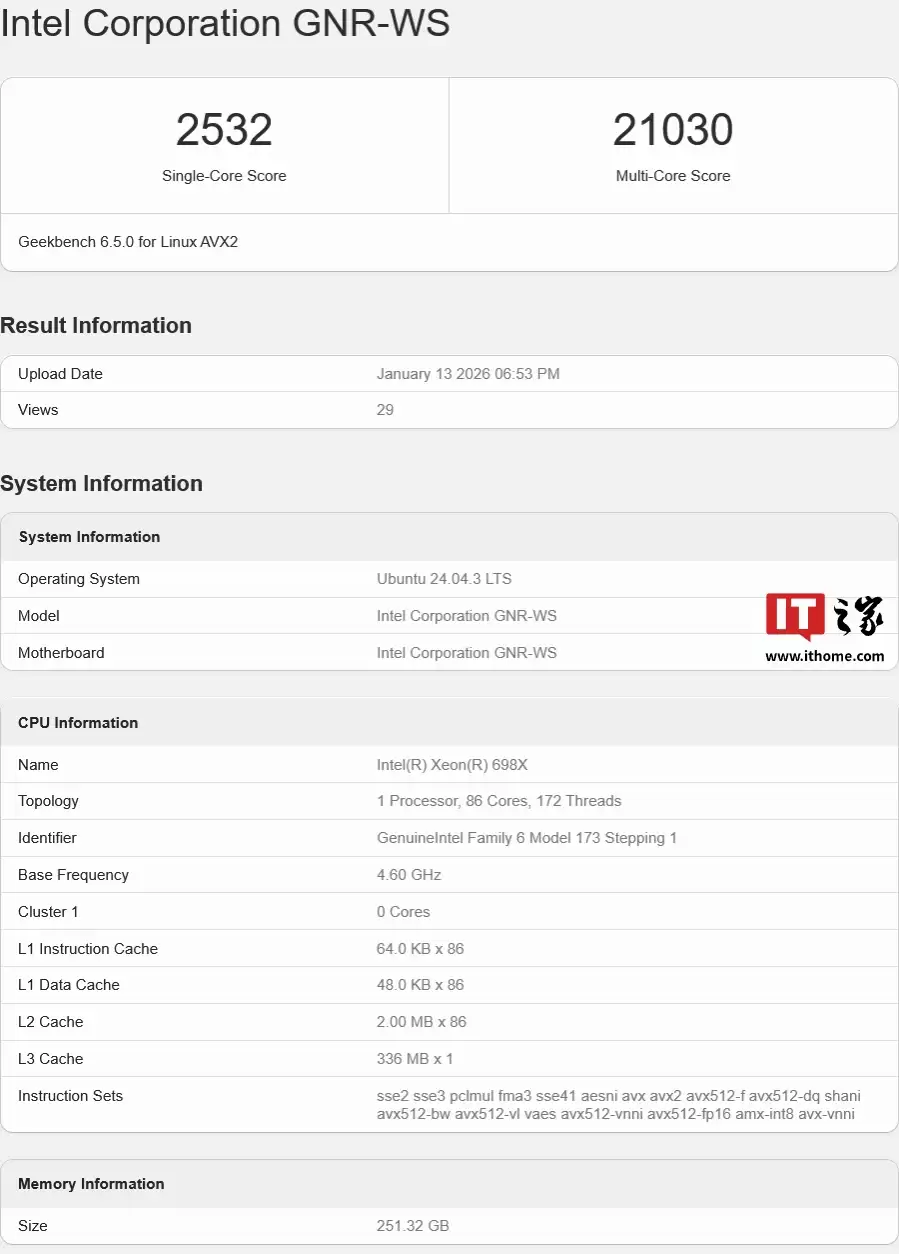 英特尔新一代旗舰工作站处理器至强 698X 现身测试，86 核心 172 线程