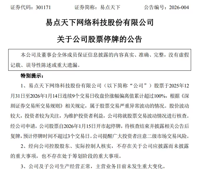 易点天下因股价严重异动停牌核查