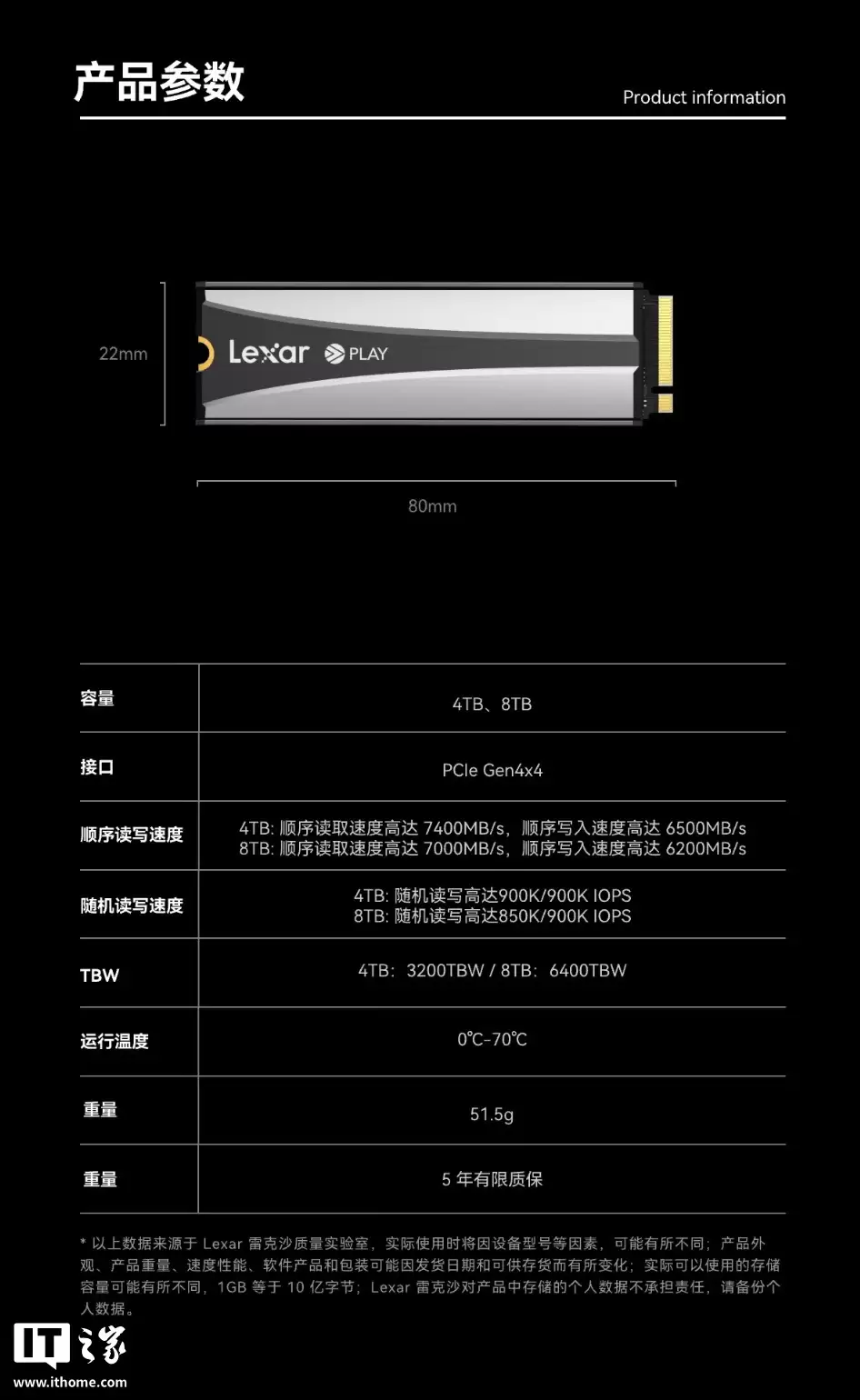 雷克沙 Lexar PLAY 2280（散热马甲版）固态硬盘上架：提供 4/8TB 可选，2499 元起