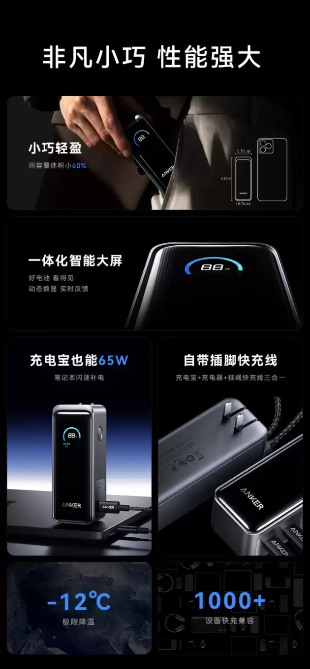 安克新款 Prime 65W 三合一 10000mAh 充电宝首销：升级自带线 + 2C 口，369 元