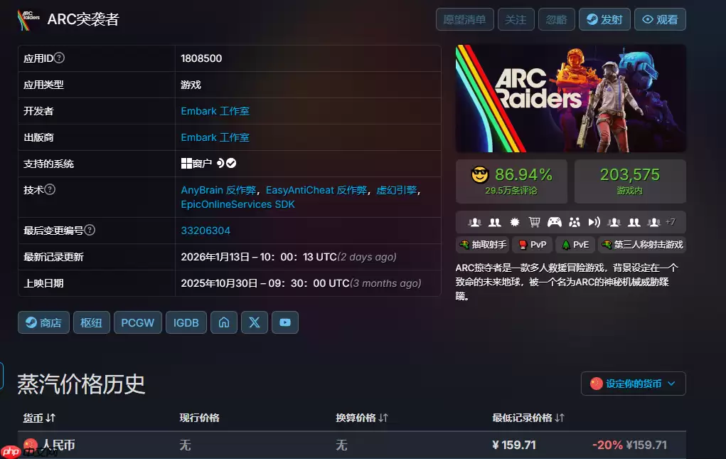 搜打撤热门新游《ARC Raiders》Steam版现已封锁国区