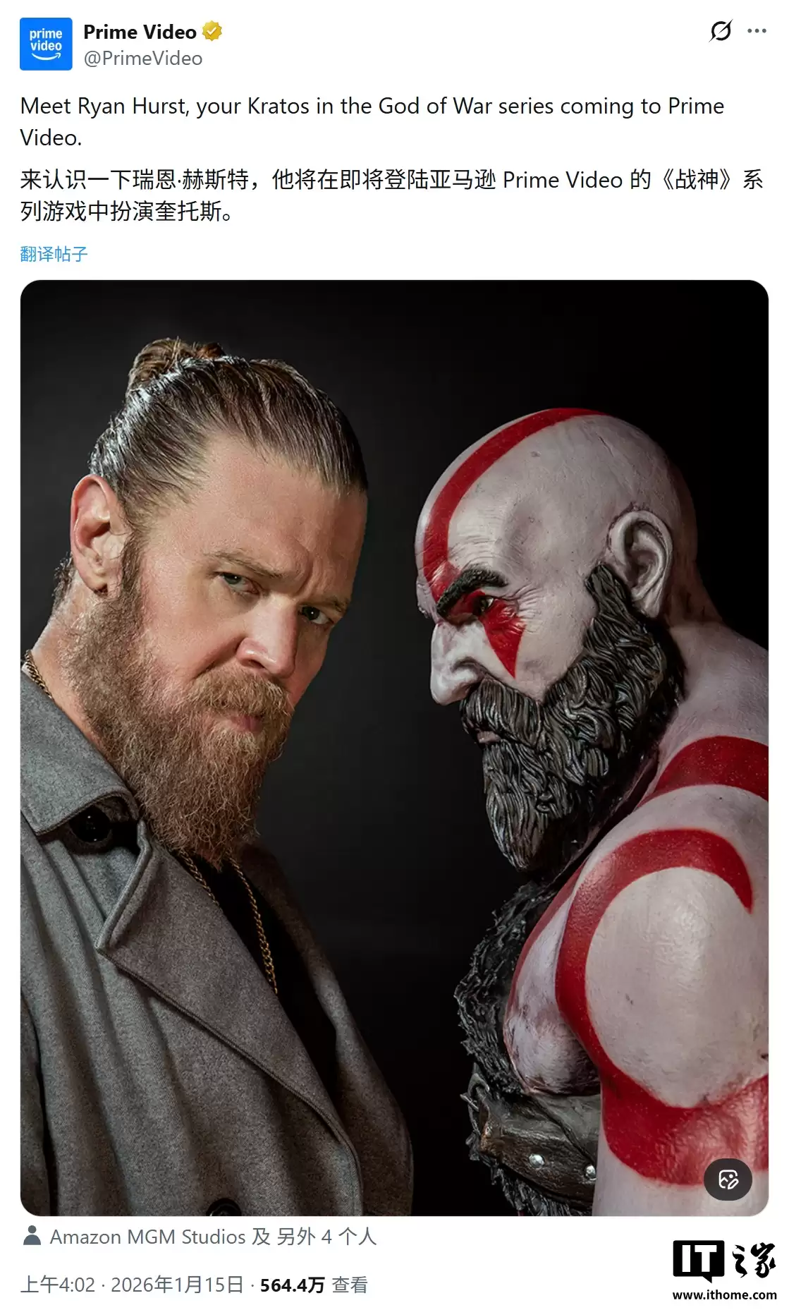 亚马逊官宣 Ryan Hurst 出演《战神》剧版奎托斯