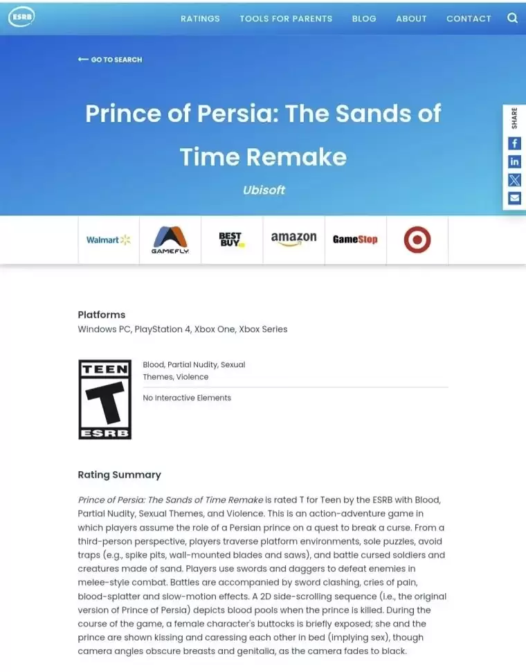 育碧《波斯王子：时之沙》重制版获ESRB认证，有望在近期发布