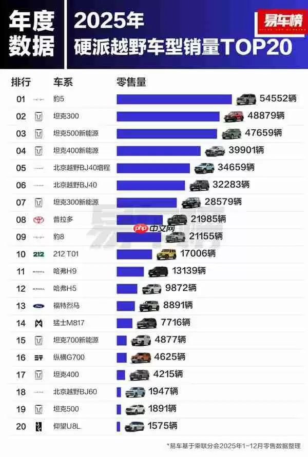 2025年硬派越野车型销量哪家强？坦克前四独占三