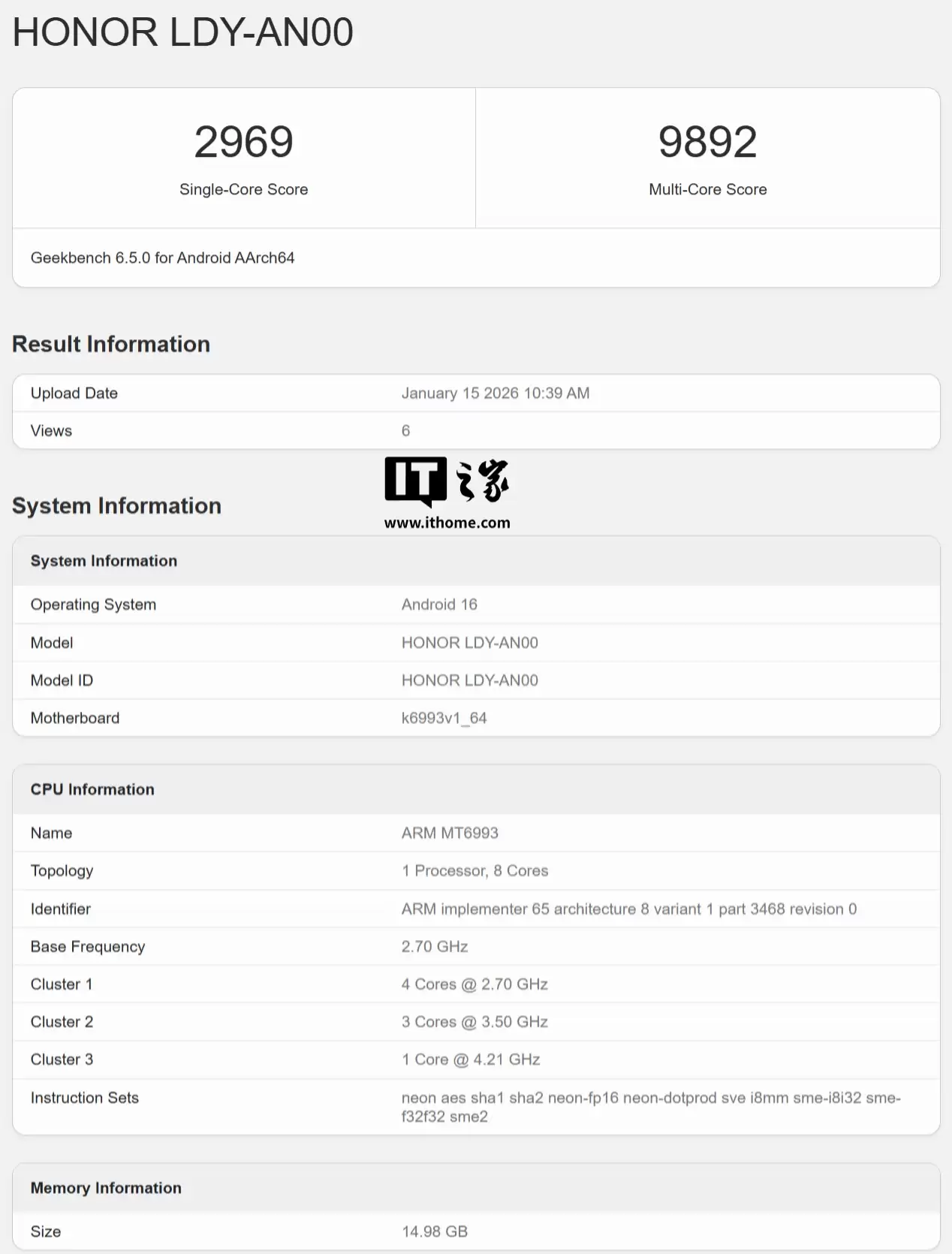 荣耀 Magic8 Pro Air 手机跑分曝光：天玑 9500 芯片、16GB 内存
